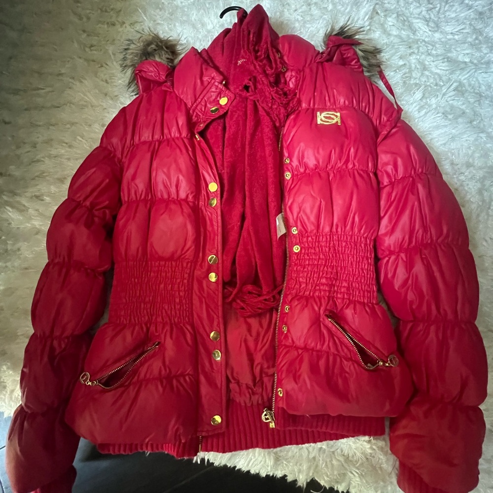 Bebe Red Bomber Jacket Quilted Design